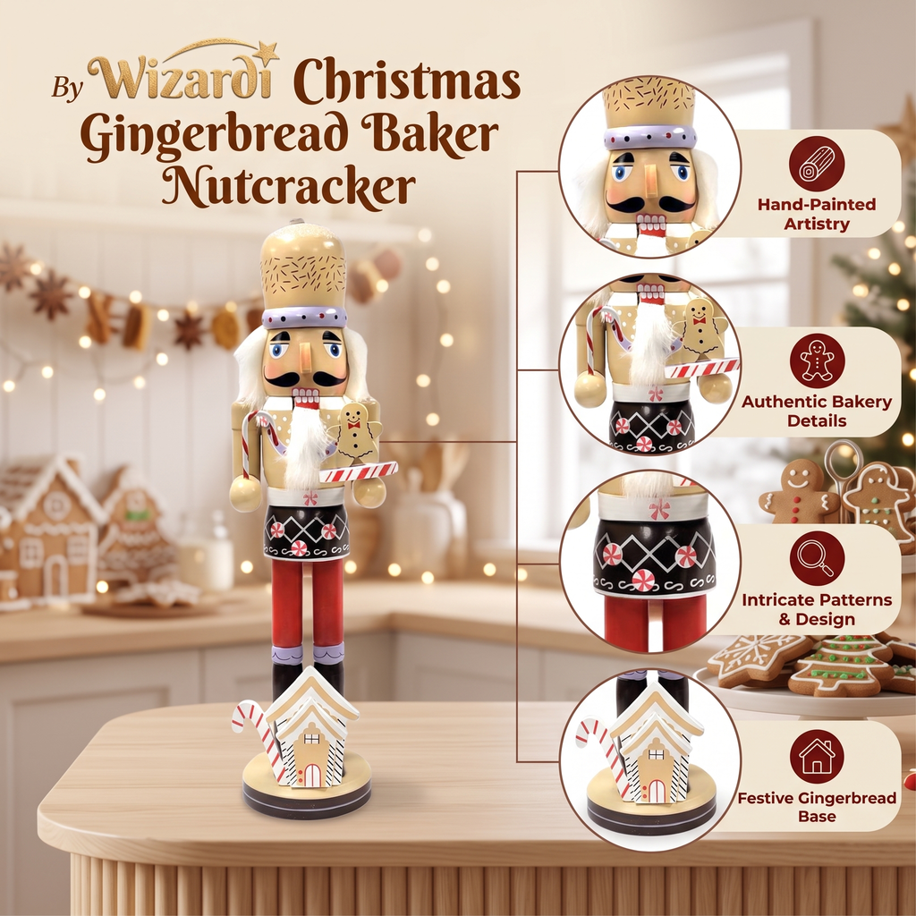 Christmas Nutcracker with a Cookie. Wizardi Classic Wooden Festive Decoration F07M14-43-XC4617A