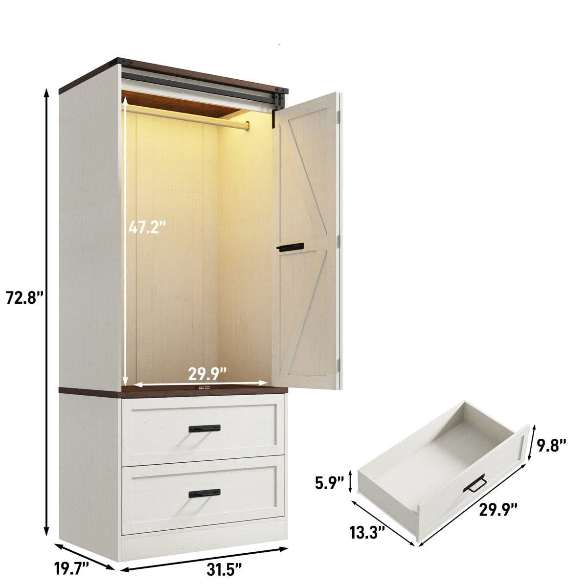 White Farmhouse Armoire Wardrobe Closet with Sliding Barn Doors