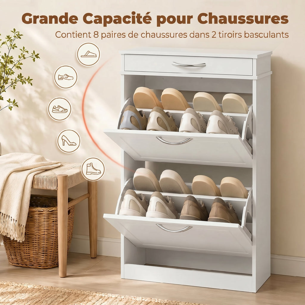 Meuble chaussure 8 paires, armoire à chaussures étroit avec tiroir et 2 portes abattants et étagère réglable, blanc