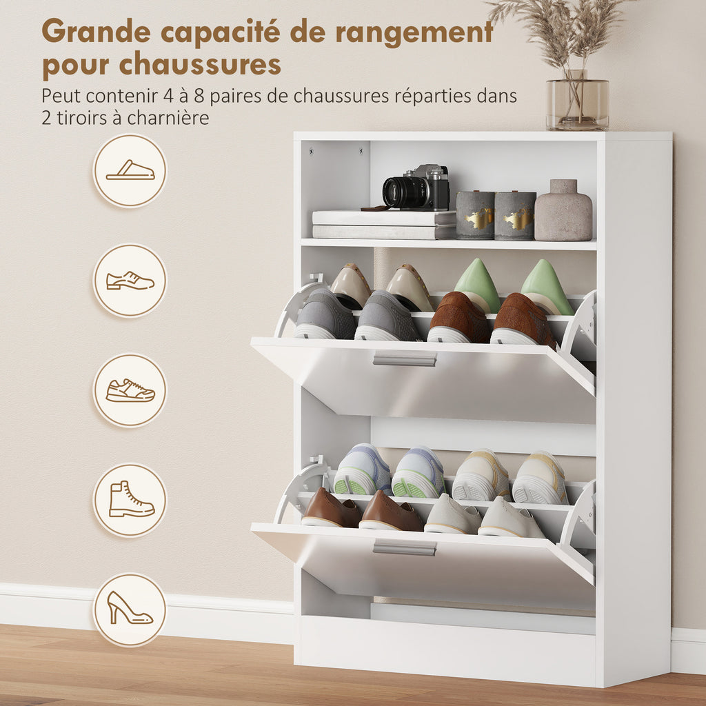 Meuble à chaussures 8 paires, armoire à chaussures, 2 tiroirs rabattables, étagères réglables et compartiment, blanc