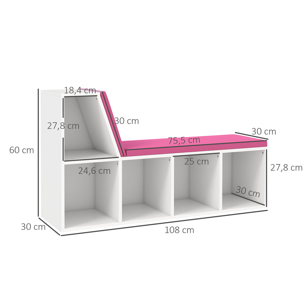 Bibliothèque banc 2 en 1 avec 5 compartiments de rangement et 2 coussins 108 x 30 x 60 cm blanc rose