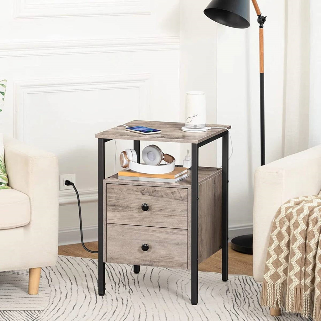 Modern Black Metal Nightstand with Grey Wood Finish Drawers and Shelf
