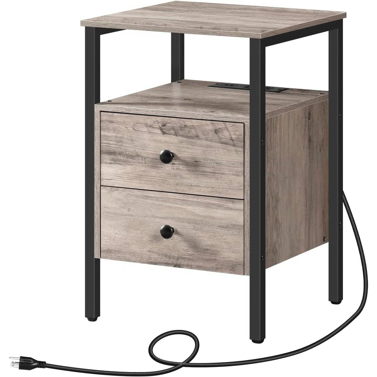 Modern Black Metal Nightstand with Grey Wood Finish Drawers and Shelf
