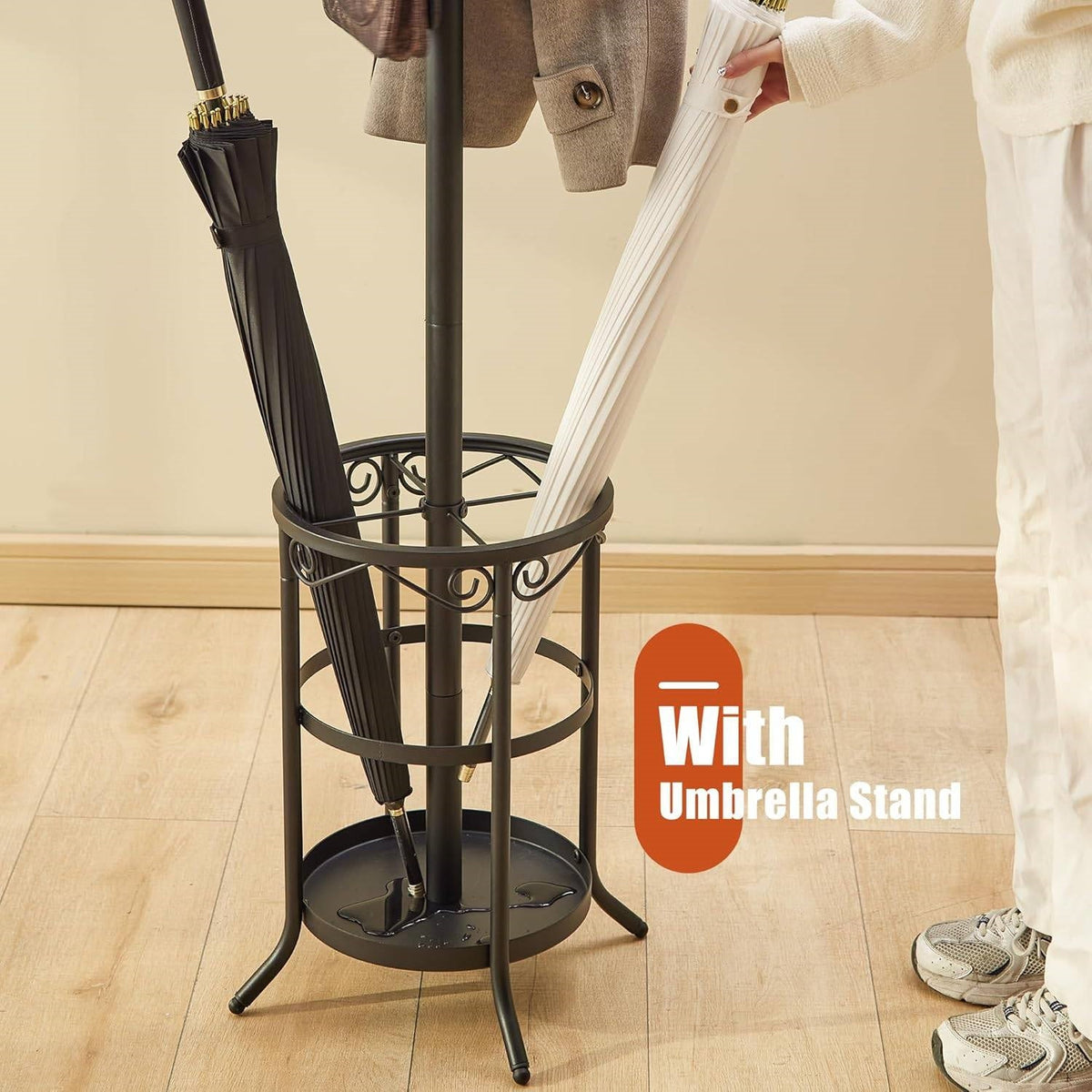 Black Metal Entryway Coat Rack Hall Tree with Umbrella Stand