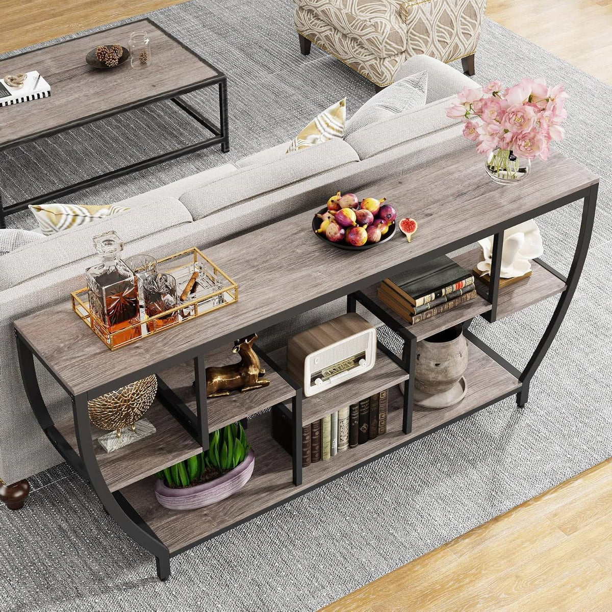 Industrial Chic 70-inch Long Narrow Console Sofa Table with Gray Wood Shelves