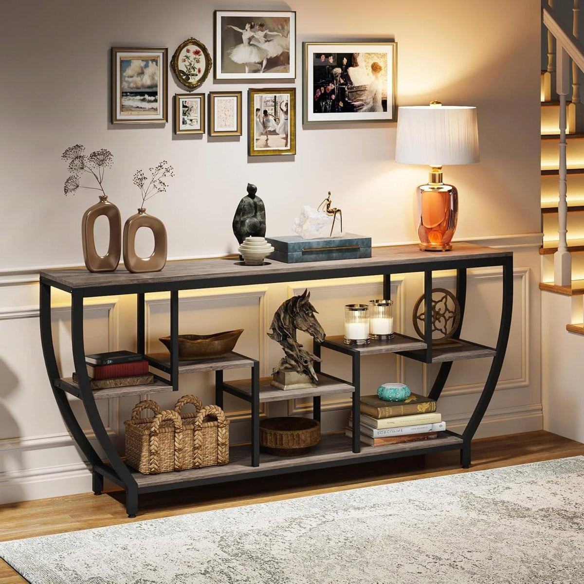 Industrial Chic 70-inch Long Narrow Console Sofa Table with Gray Wood Shelves