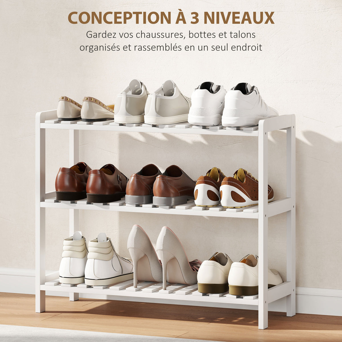 Étagère à chaussures, porte-chaussures 3 niveaux, étagères à lattes, en bois de pin， 70 x 26 x 57,5 cm, blanc
