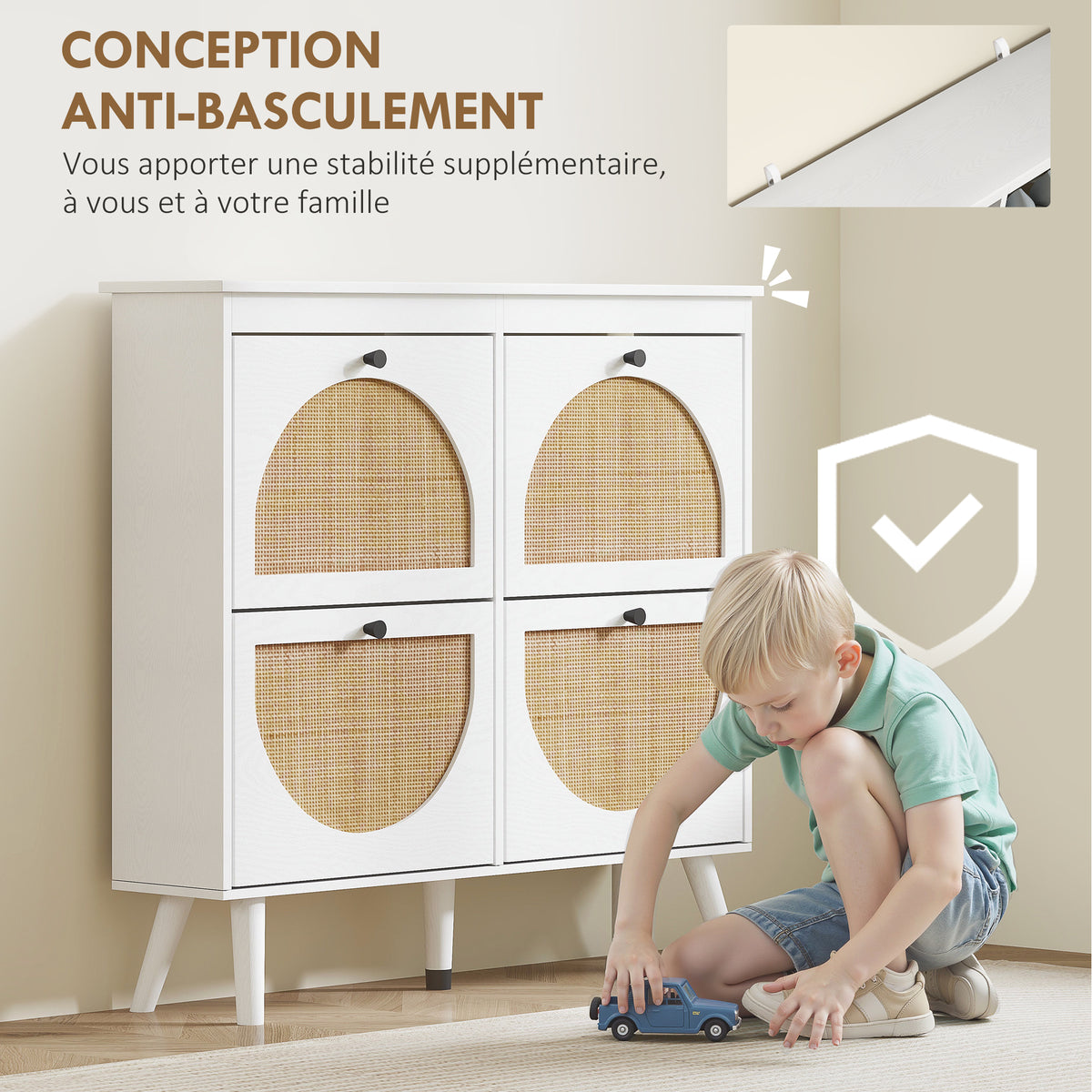 Meuble à chaussures 4 abattants 20 paires étagère réglable style bohème pieds en bois massif 105 x 24 x 97,5 cm blanc