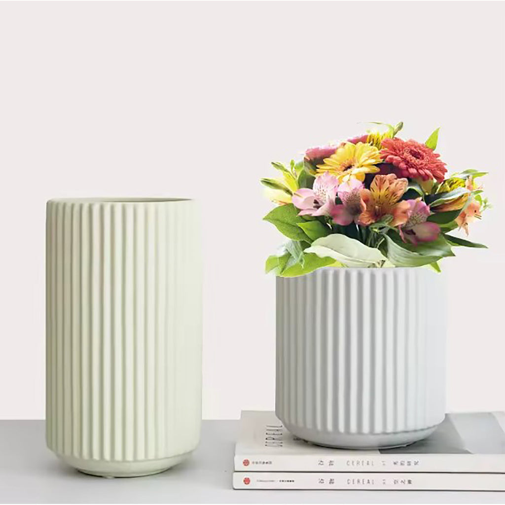 Ribbed Ceramic Vase-Grey-L
