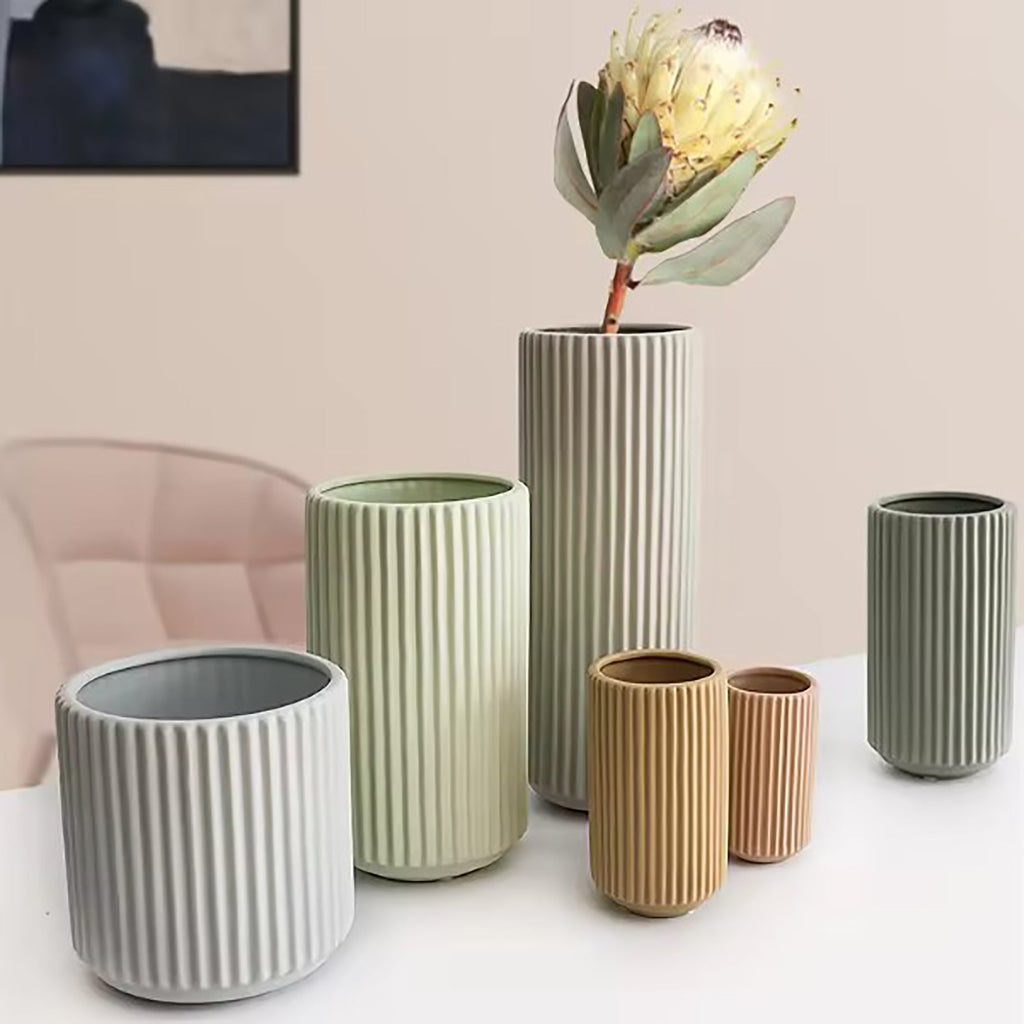 Ribbed Ceramic Vase-Grey-L