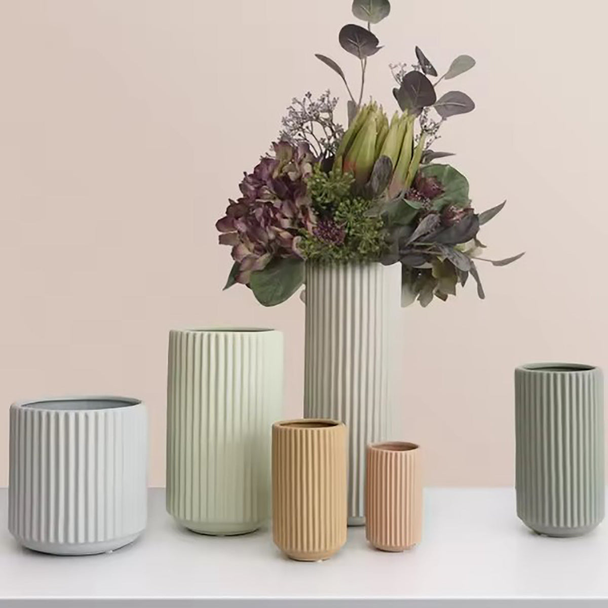 Ribbed Ceramic Vase-Grey-L