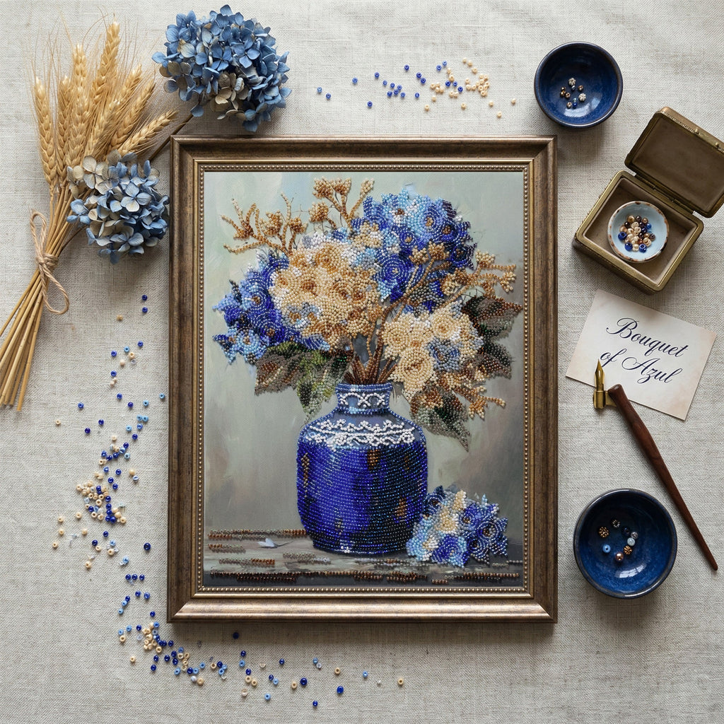 Hydrangeas in Porcelain Blue Vase Bead Embroidery Kit by Abris Art AB-975