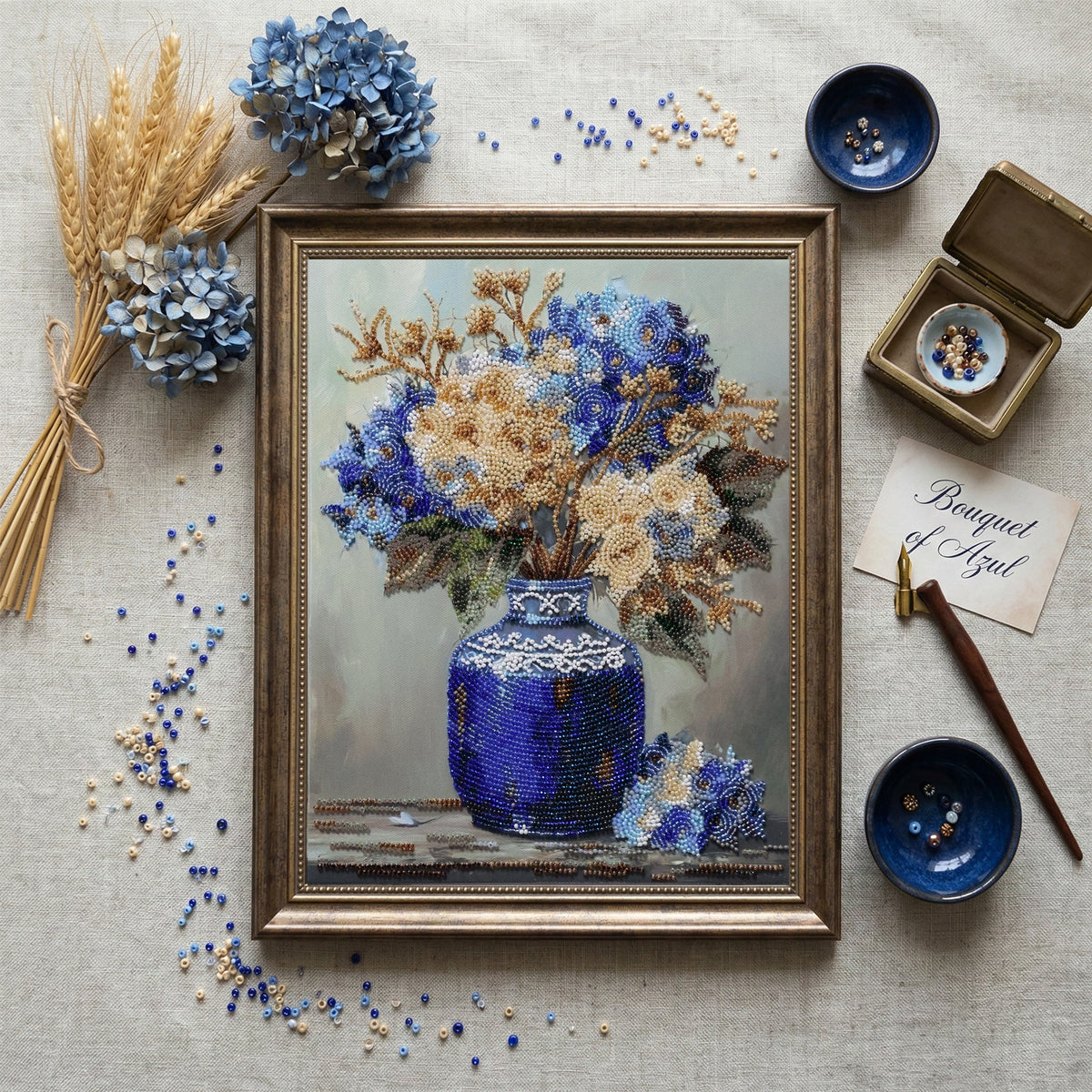 Hydrangeas in Porcelain Blue Vase Bead Embroidery Kit by Abris Art AB-975