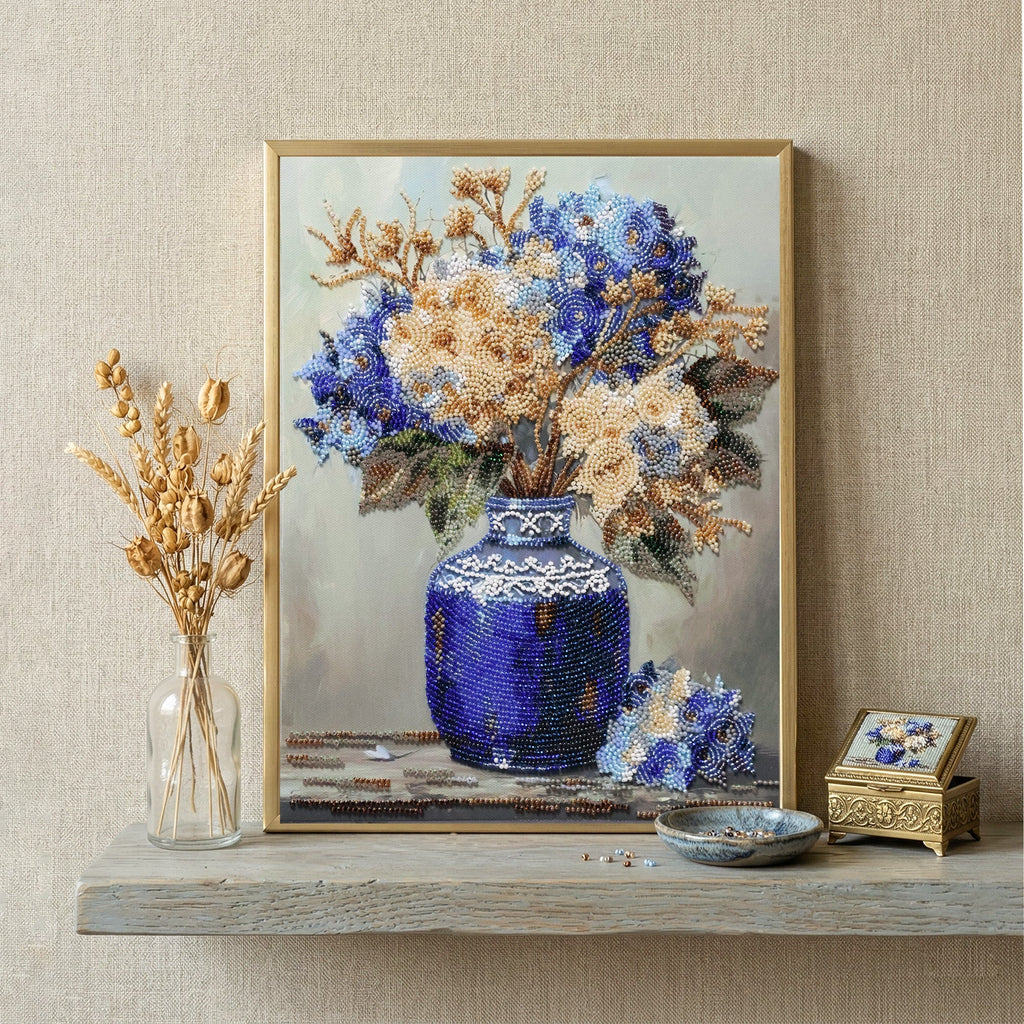 Hydrangeas in Porcelain Blue Vase Bead Embroidery Kit by Abris Art AB-975
