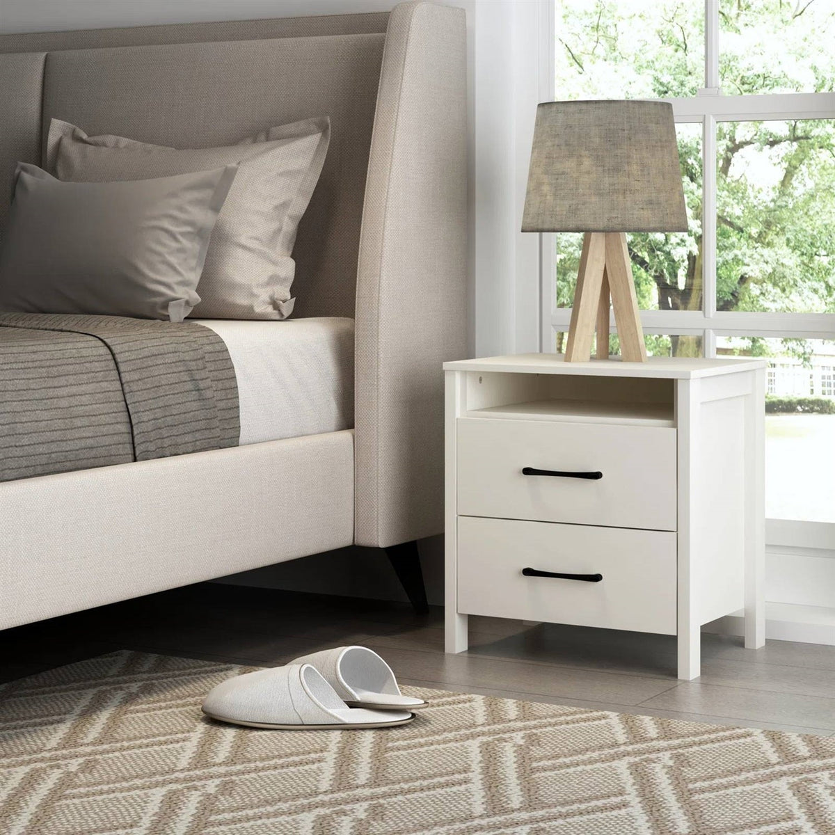 Modern 2-Drawer Nightstand with Open Shelf in Ivory Wood Finish