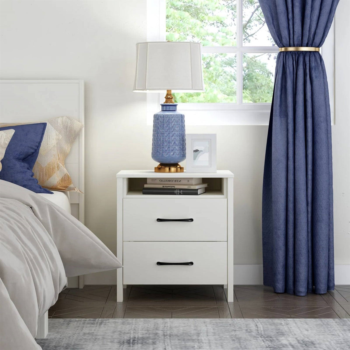 Modern 2-Drawer Nightstand with Open Shelf in Ivory Wood Finish