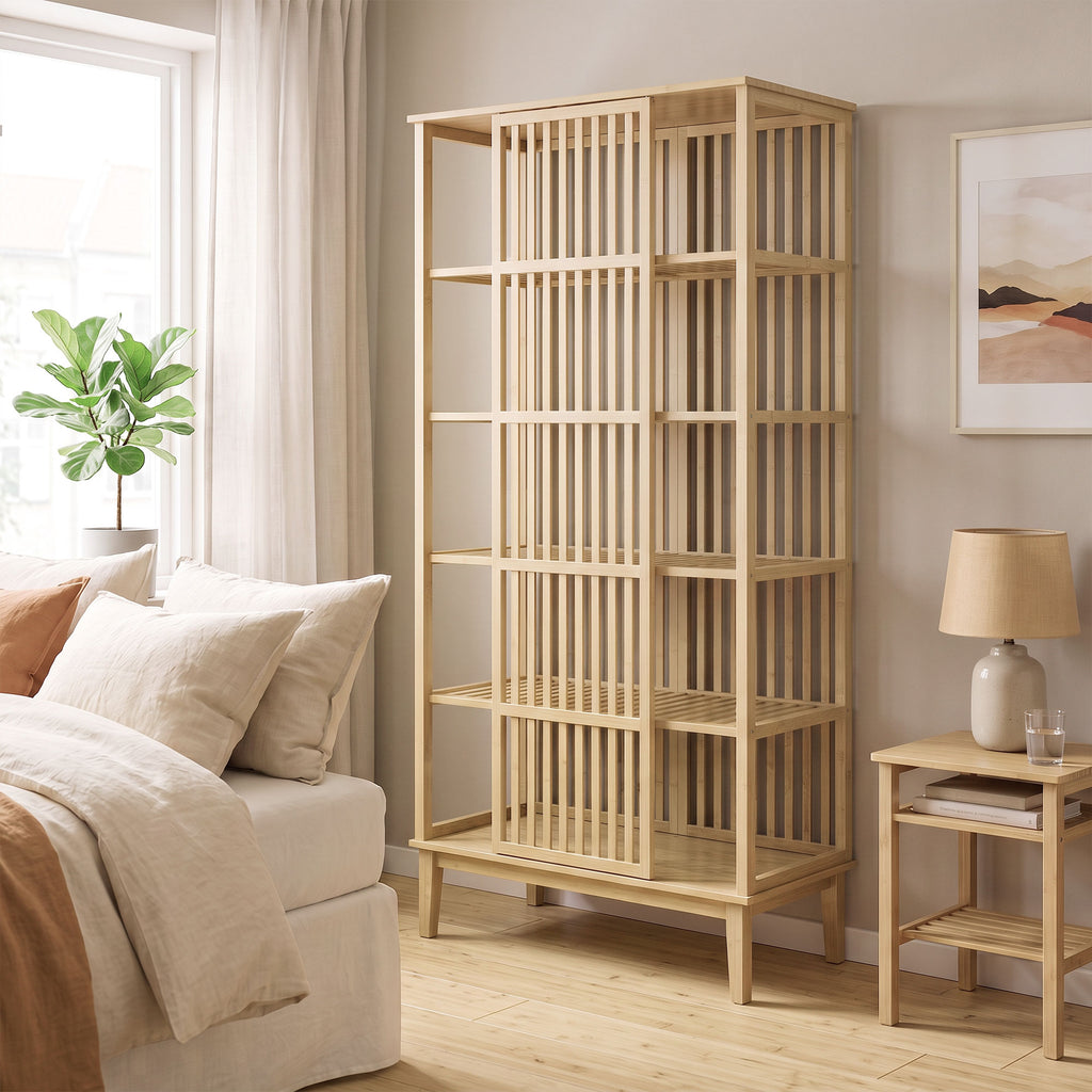 Armoire Chambre Penderie en Bambou 5 Niveaux avec Porte Coulissante, Design Aéré à Lattes, Bois Naturel