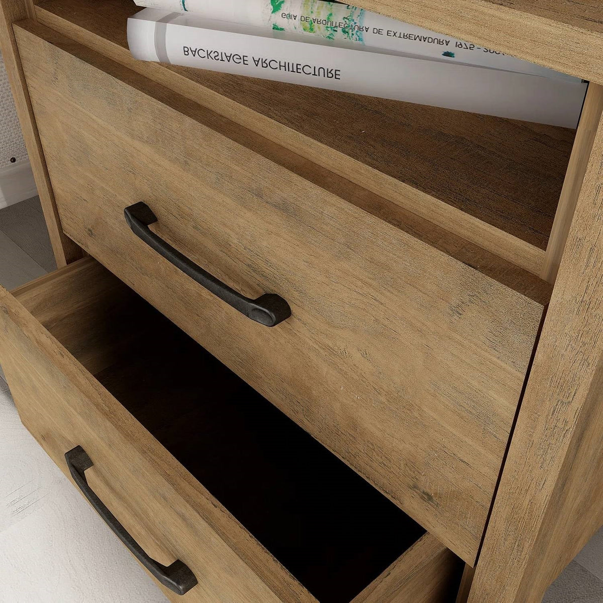 Modern Farmhouse 2-Drawer Nightstand Bedside Table in Brown Oak Wood Finish