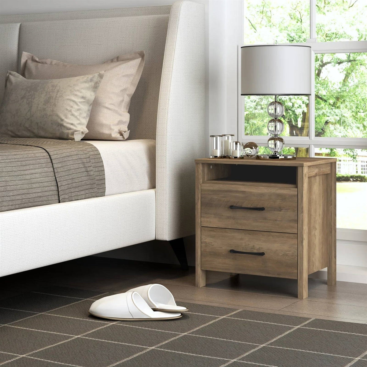 Modern Farmhouse 2-Drawer Nightstand Bedside Table in Brown Oak Wood Finish
