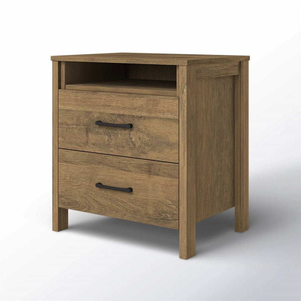 Modern Farmhouse 2-Drawer Nightstand Bedside Table in Brown Oak Wood Finish