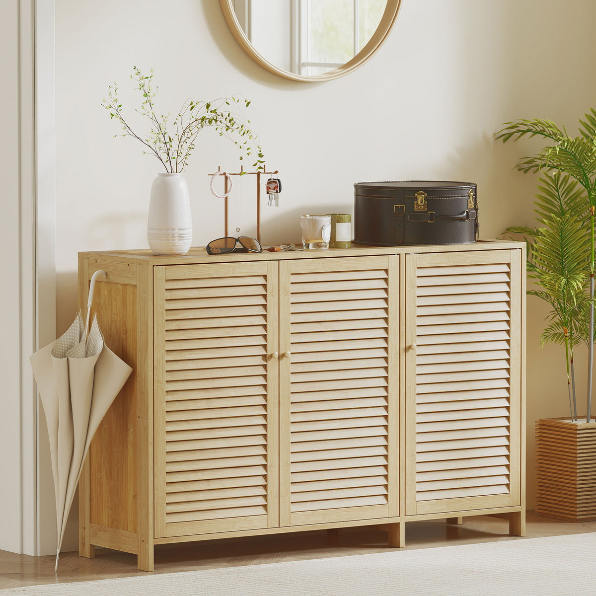 Meuble à chaussures en bambou 18 paires, armoire à chaussures avec portes persiennes et étagères réglables, bois naturel
