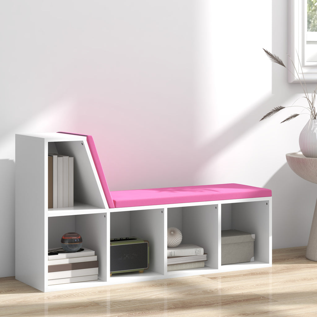 Bibliothèque banc 2 en 1 avec 5 compartiments de rangement et 2 coussins 108 x 30 x 60 cm blanc rose