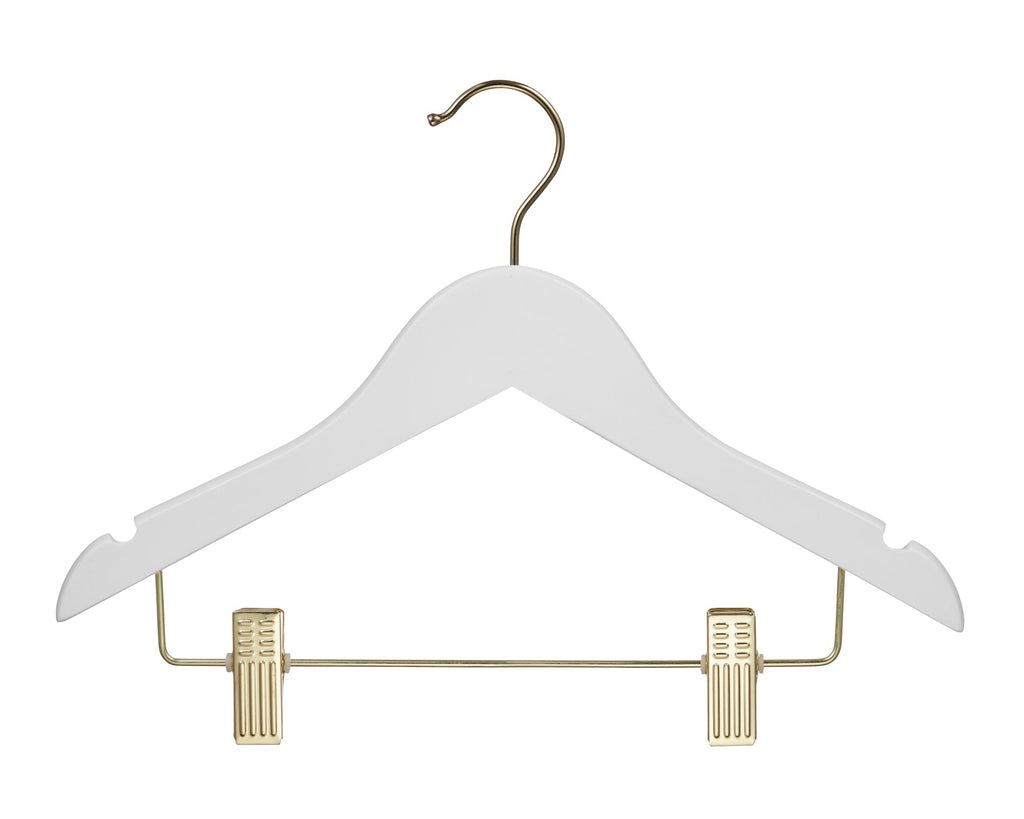 Carton of Kids Wooden White Hanger With Gold Hook and Clips (Carton includes 32 Sets of 4 Pcs)