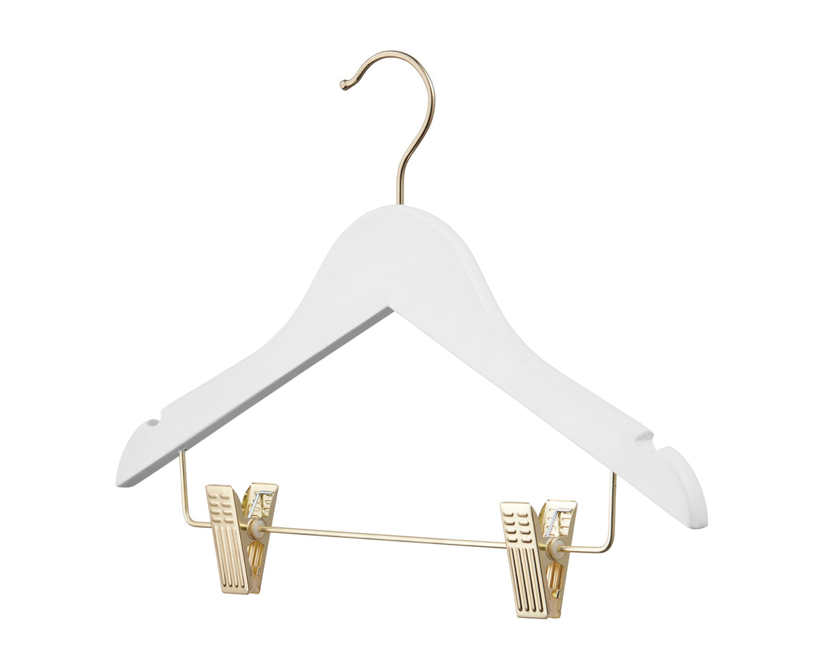 Carton of Kids Wooden White Hanger With Gold Hook and Clips (Carton includes 32 Sets of 4 Pcs)