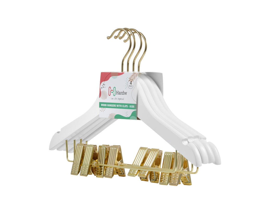 Carton of Kids Wooden White Hanger With Gold Hook and Clips (Carton includes 32 Sets of 4 Pcs)