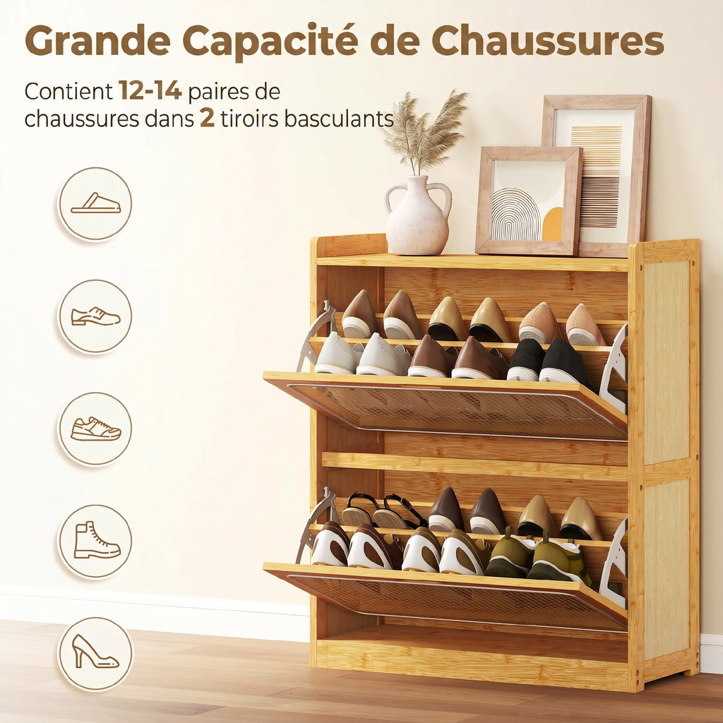 Meuble à chaussures 14 paires, armoire à chaussures 2 tiroirs rabattables, étagères réglables, 69x29x83cm, bois naturel