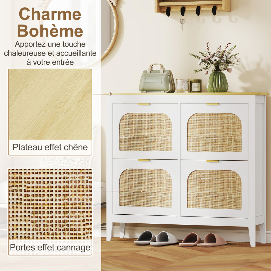Meuble à chaussures 20 paires bohème avec 4 tiroirs rabattables, portes effet cannage rotin, 105 x 24 x 95,5 cm, blanc