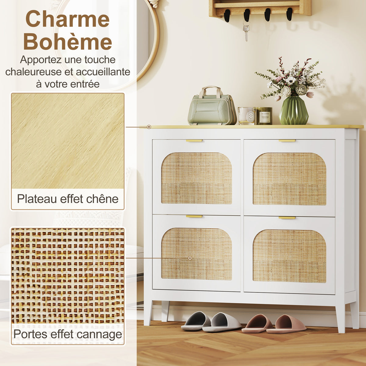 Meuble à chaussures 20 paires bohème avec 4 tiroirs rabattables, portes effet cannage rotin, 105 x 24 x 95,5 cm, blanc
