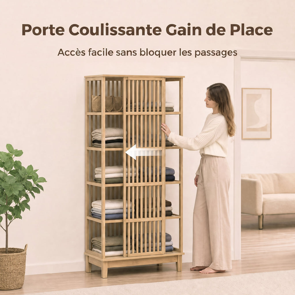 Armoire Chambre Penderie en Bambou 5 Niveaux avec Porte Coulissante, Design Aéré à Lattes, Bois Naturel