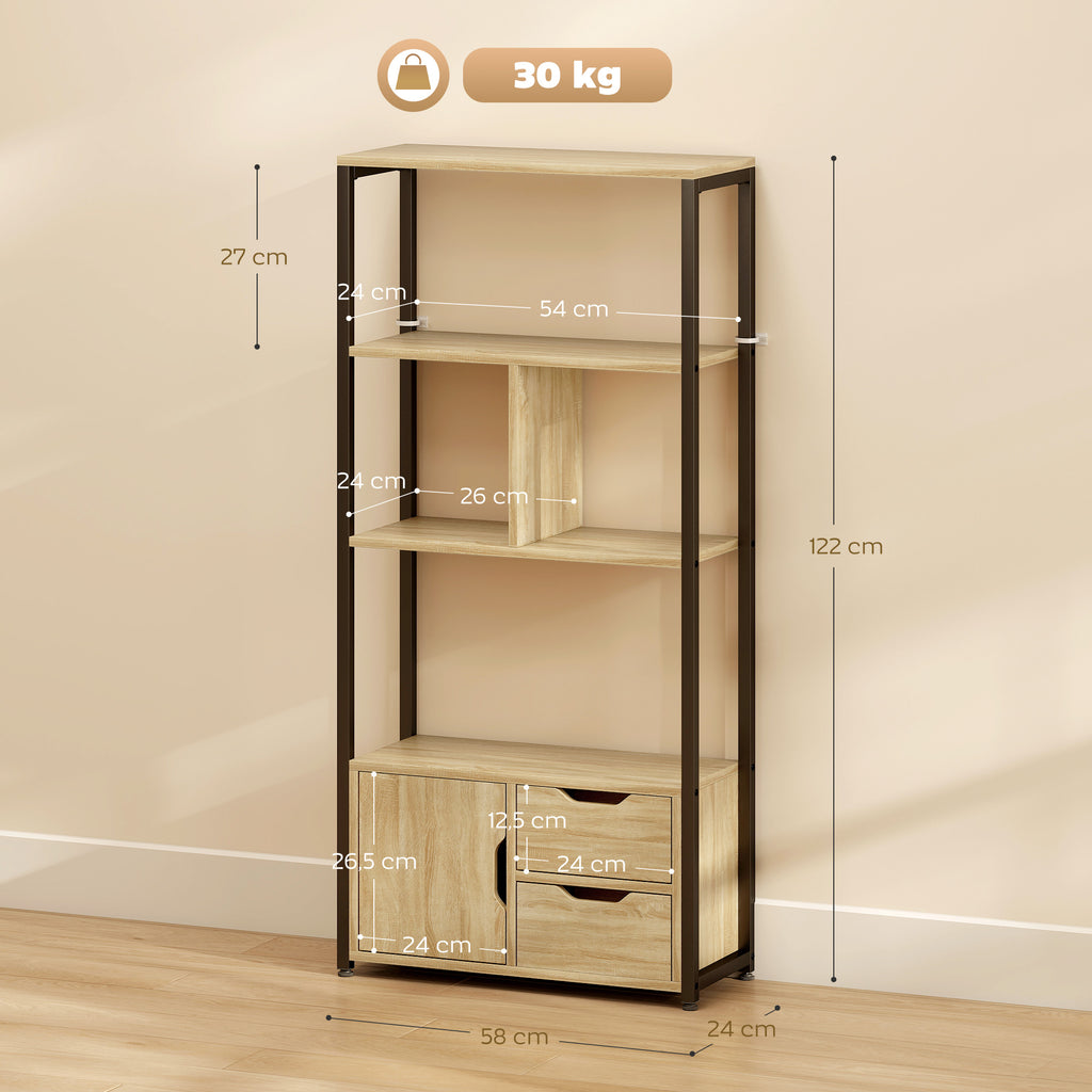 Bibliothèque style industriel 3 étagères placard porte 2 tiroirs 58 x 24 x 122 cm effet bois naturel acier noir