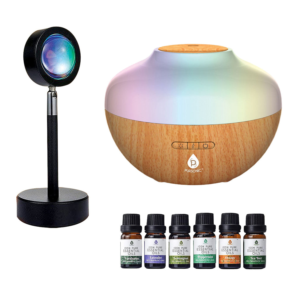 Pursonic Sunset Projector Table Lamp with Essential Oil Aroma Diffuser & 6-Pack of 100% Pure Aromatherapy Oils