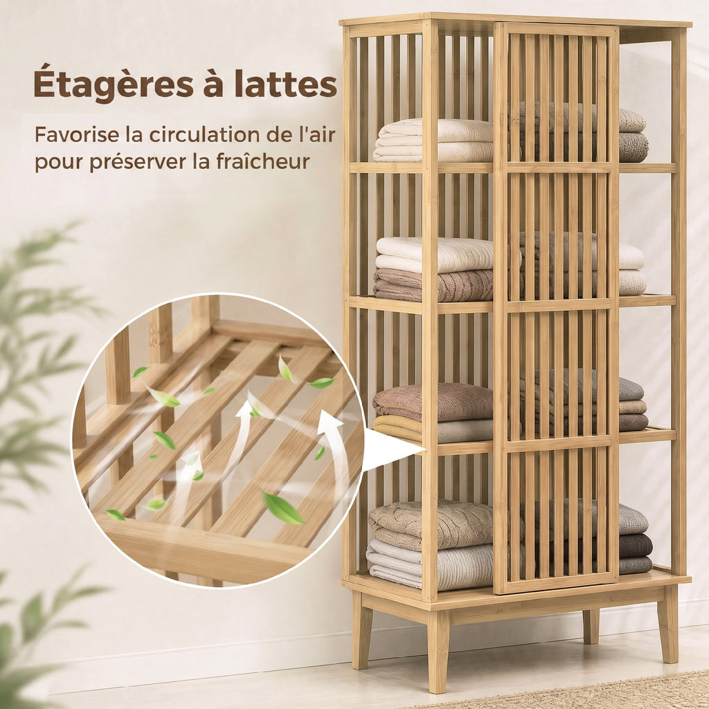 Armoire Chambre Penderie en Bambou 5 Niveaux avec Porte Coulissante, Design Aéré à Lattes, Bois Naturel