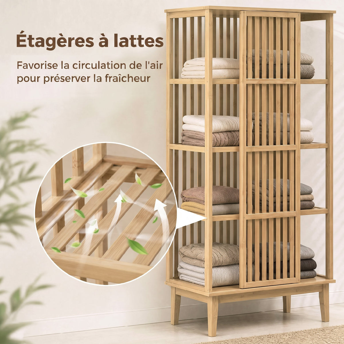 Armoire Chambre Penderie en Bambou 5 Niveaux avec Porte Coulissante, Design Aéré à Lattes, Bois Naturel