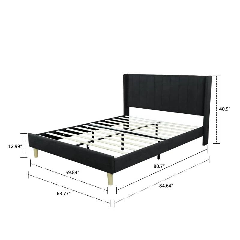 Queen size Mid-Century Black Linen Platform Bed Frame with Upholstered Headboard