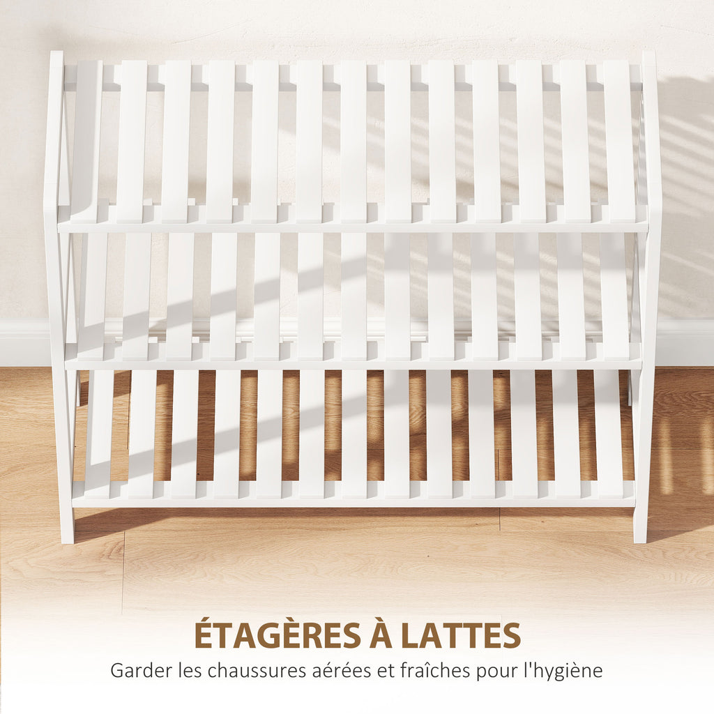 Étagère à chaussures, porte-chaussures 3 niveaux, étagères à lattes, en bois de pin， 70 x 26 x 57,5 cm, blanc