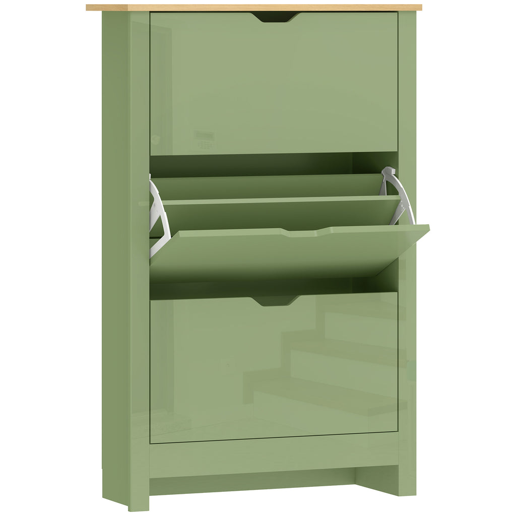 Meuble à Chaussures 18 Paires, Armoire à Chaussures à Haute Brillance, 3 Tiroirs Rabattables, Étagères Réglables, Vert
