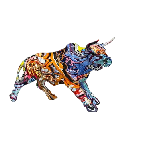 Graffiti Bull Figurine: Artistic Feng Shui Decor for Home and Office