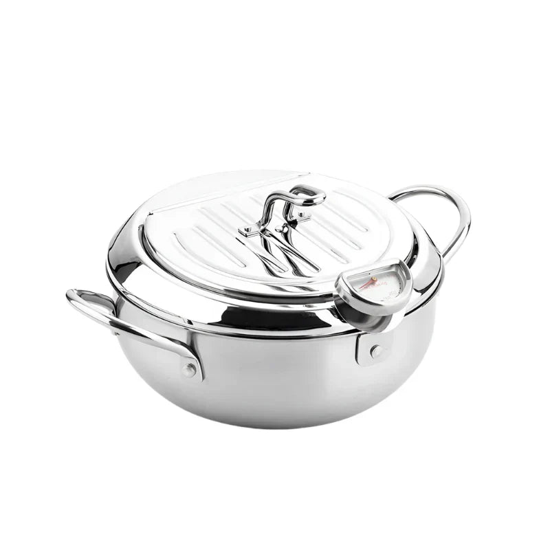 24cm Deep Frying Pot with Thermometer and Lid Silver