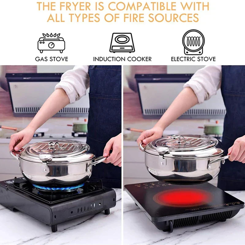24cm Deep Frying Pot with Thermometer and Lid Silver