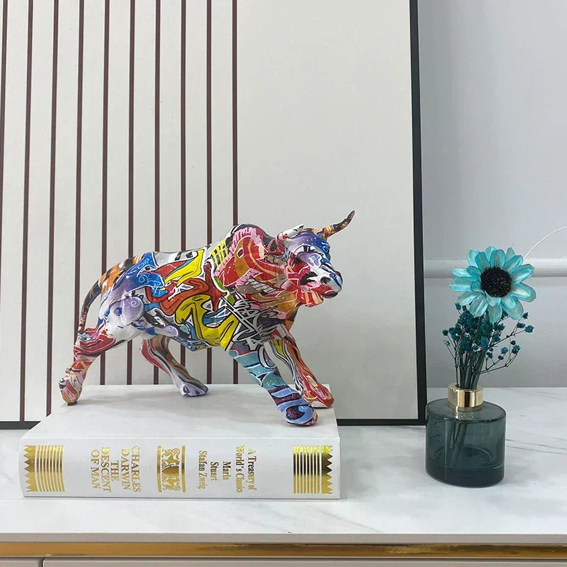 Graffiti Bull Figurine: Artistic Feng Shui Decor for Home and Office