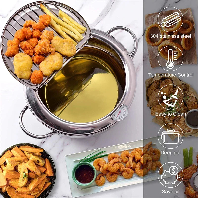 24cm Deep Frying Pot with Thermometer and Lid Silver