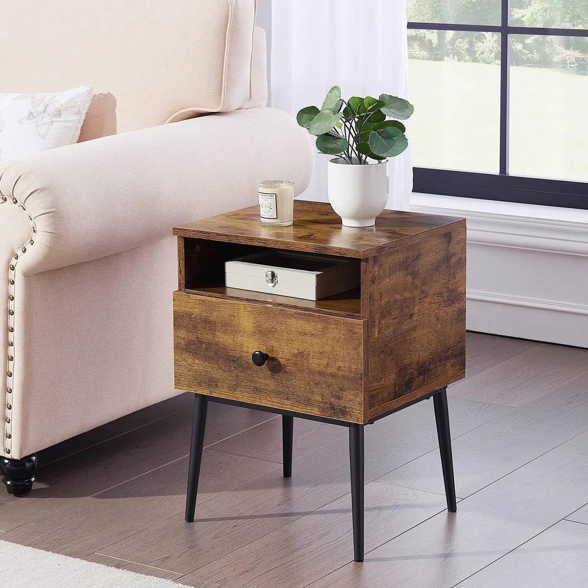 Set of 2 - Mid Century Modern Side Table Nightstand in Brown Black Wood Finish