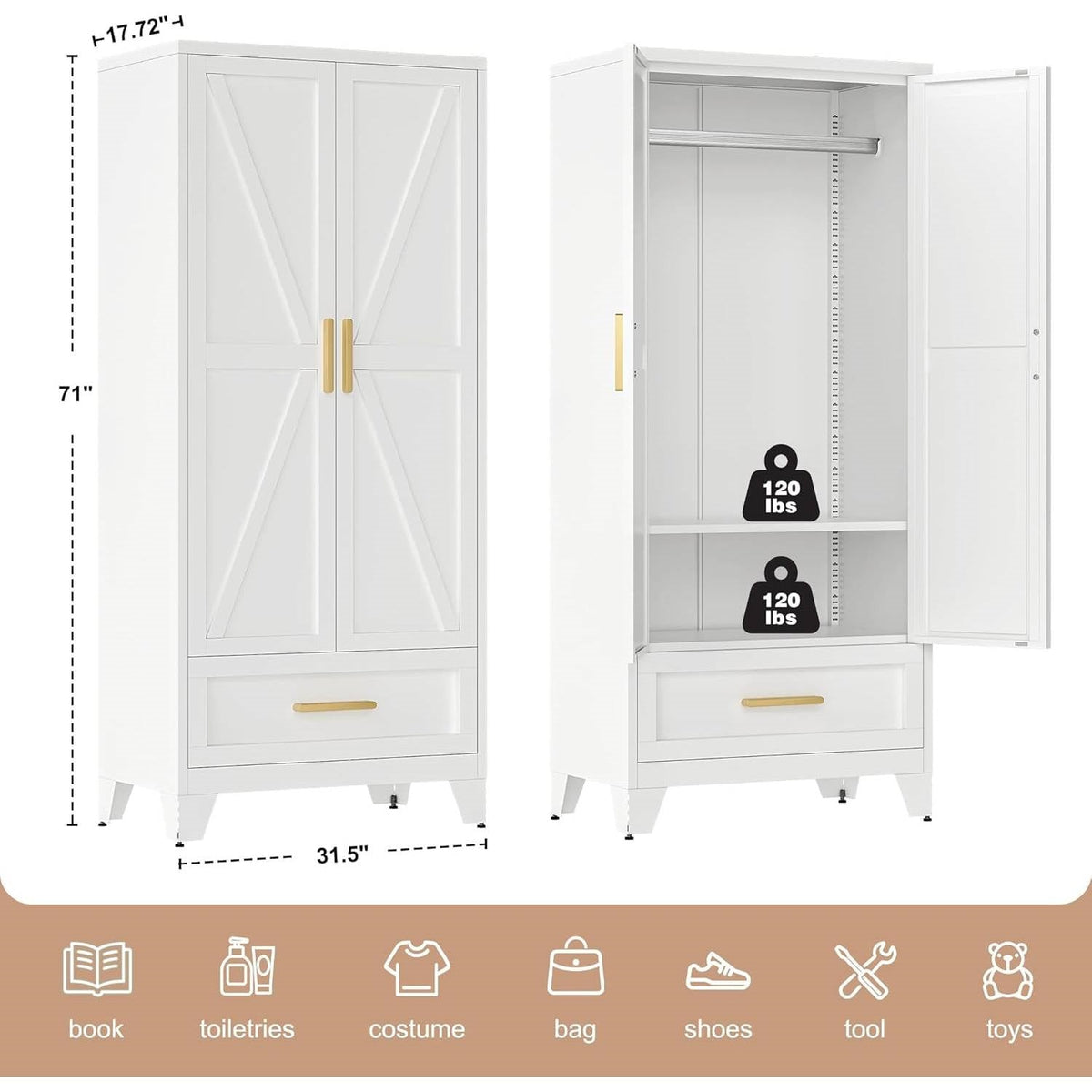 White 2-Door Wardrobe Armoire Cabinet with Storage Drawer and Hanging Rod