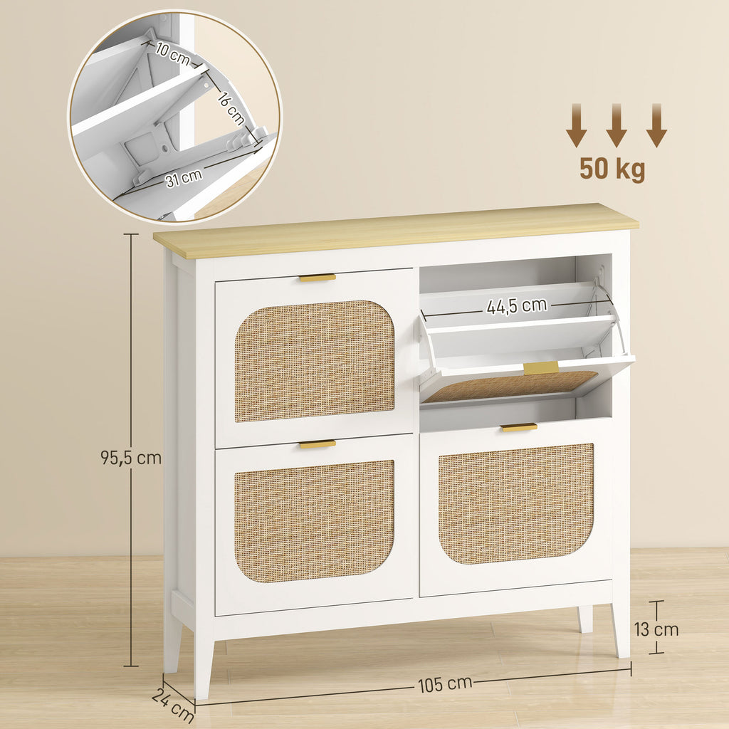 Meuble à chaussures 20 paires bohème avec 4 tiroirs rabattables, portes effet cannage rotin, 105 x 24 x 95,5 cm, blanc