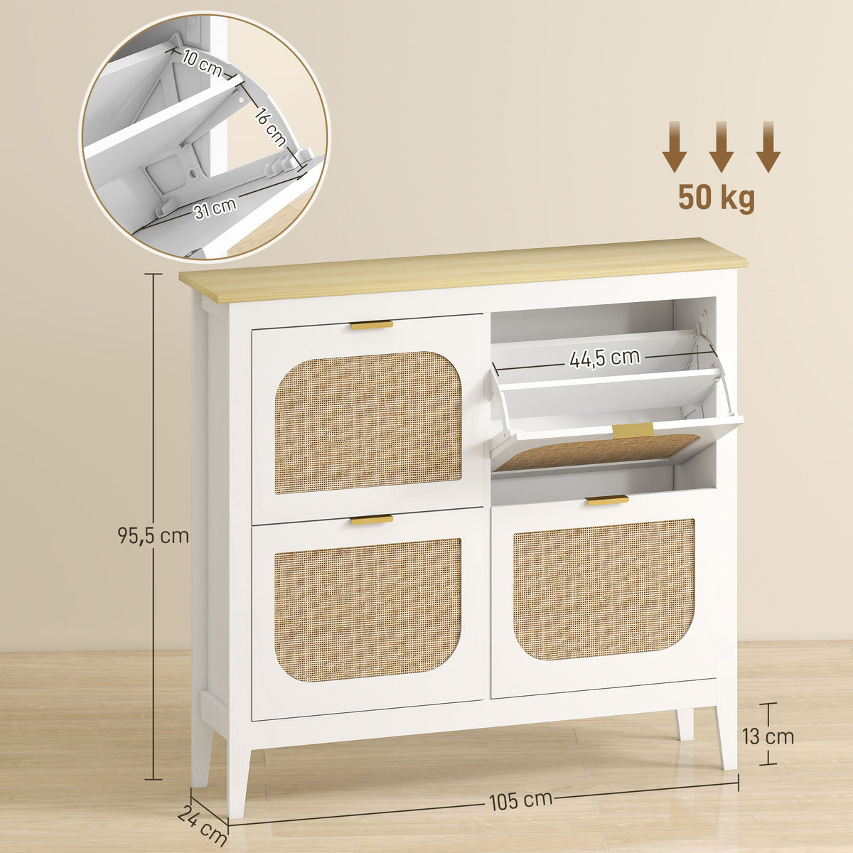 Meuble à chaussures 20 paires bohème avec 4 tiroirs rabattables, portes effet cannage rotin, 105 x 24 x 95,5 cm, blanc