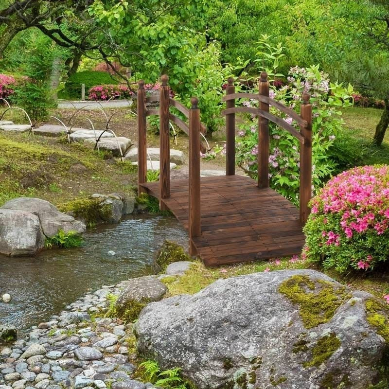 7.5 Ft Wooden Garden Bridge with Hand Rails in Carbonized Wood Finish